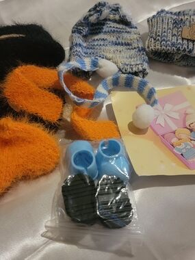 Blue & White Striped Pom Beanie with Matching Blue Doll Shoes